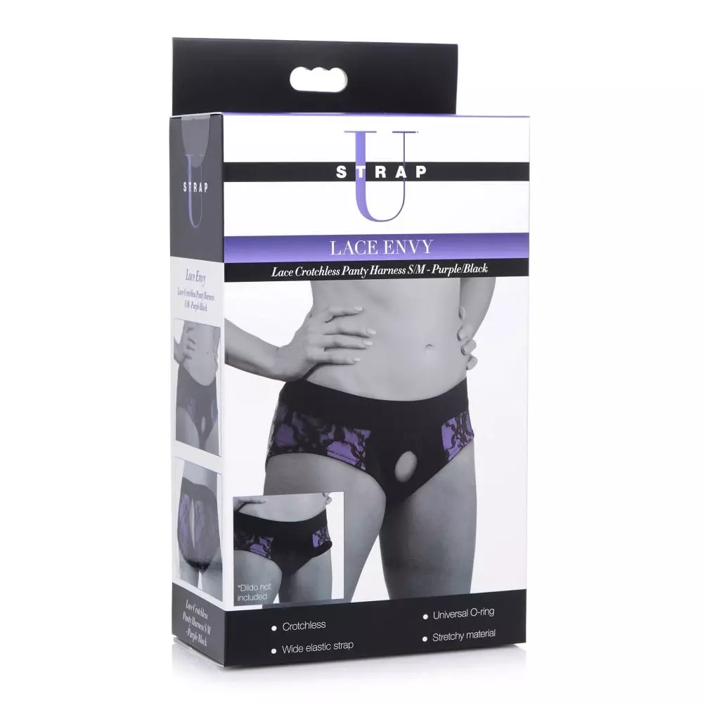 Strap U Lace Envy Crotchless Panty Harness In Purple-Black S/M